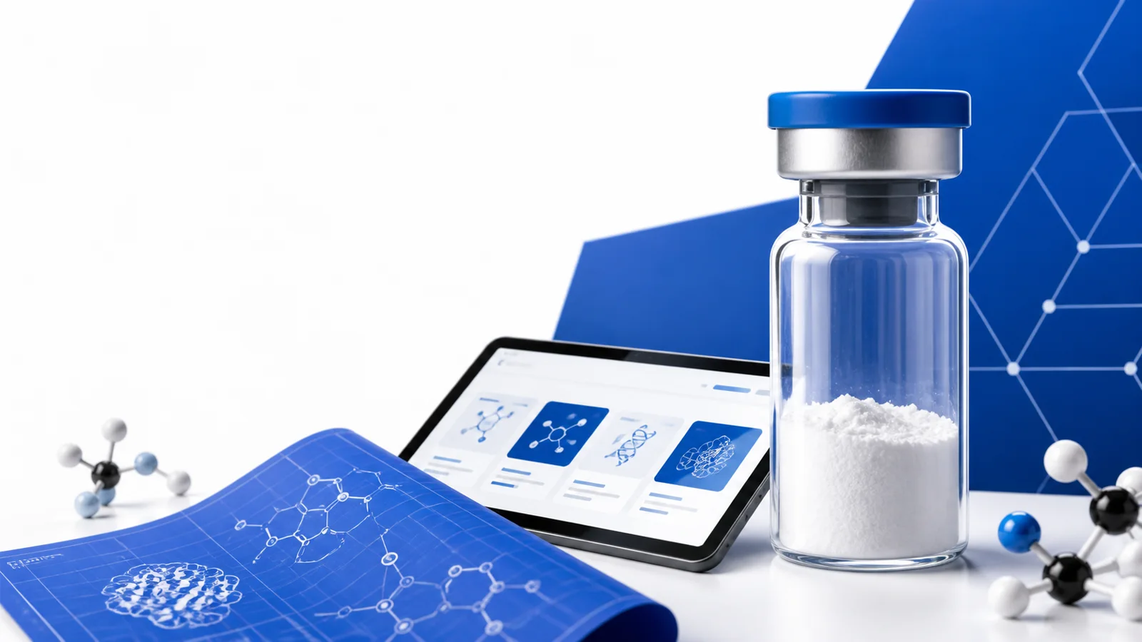 Generic research peptide powder vial with educational blueprint and lesson tablet